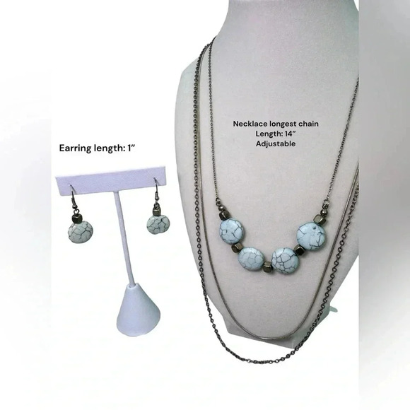 14” Turquoise Tone Dyed Stone Layered Gold Tone Chains Necklace & Earrings Combo - Picture 1 of 10